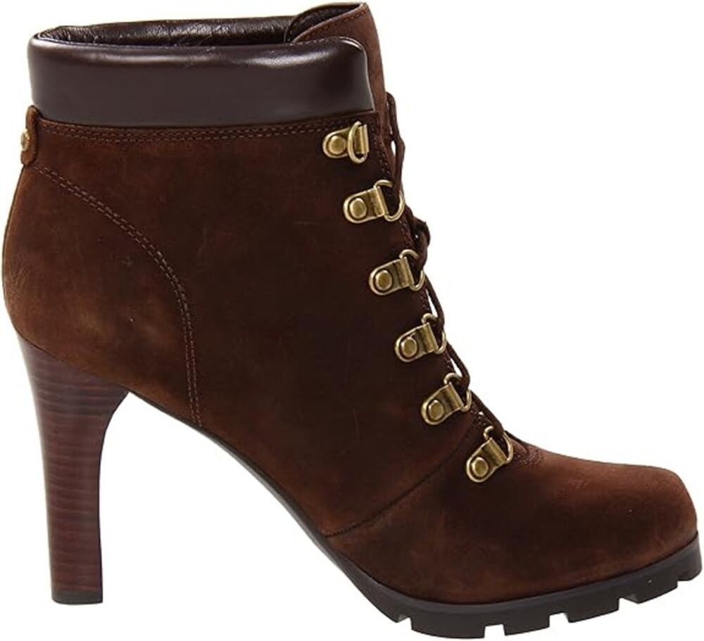 Lauren Ralph Lauren Darby Brown Suede Lace Up Ankle Boots High Heel Lug Sole